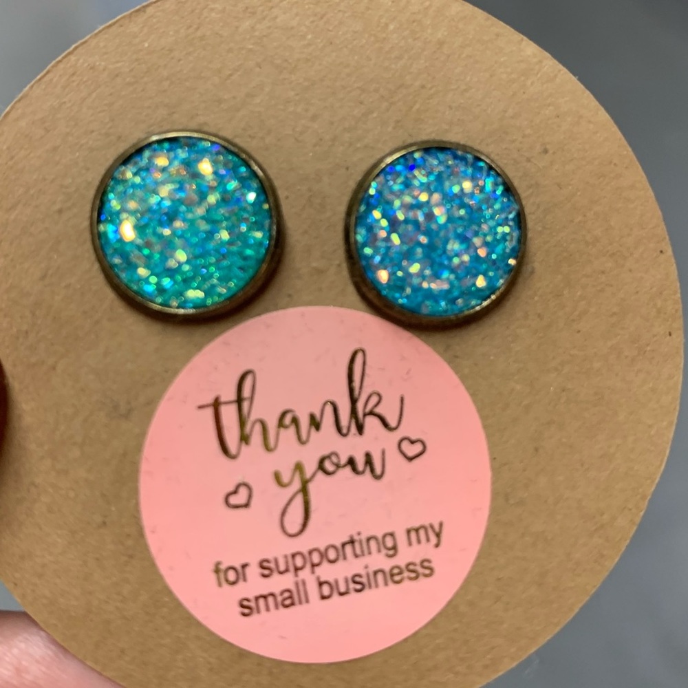 Sparkly aqua marine faux druzy earrings set in brass cabochon.